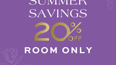 Summer savings offer: 20% off room only. Purple background with floral design.