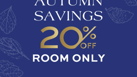 Autumn savings offer with 20% off room-only bookings on a blue background with leaf accents.